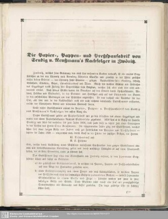 Die Papier-, Pappen- und Preßspanfabrik von Sendig u. Reußmann's Nachfolger in Zwönitz