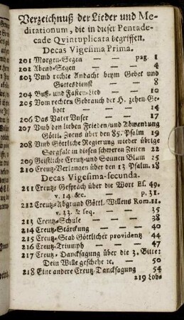 Verzeichnuß der Lieder und Meditationum, die in dieser Pentadecade Quintuplicata begriffen.