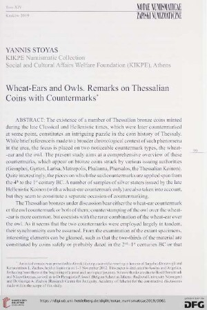 Wheat-Ears and Owls. Remarks on Thessalian Coins with Countermarks
