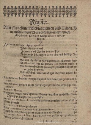 Register. Aller fürnehmen Medicamenten und Curen/so in diesem andern Theil vorkommen/nach richtiger Alphabets-Ordnung nachzuschlagen und zufinden.