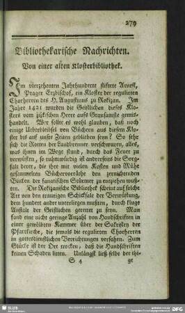 Bibliothekarische Nachrichten. Von einer alten Klosterbibliothek