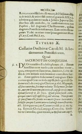 Titulus X. Collatio Doctrinæ Caroli M. & hodiernorum Pontificiorum. Quoad Sacerdotum Conjugium.