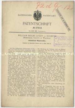 Patentschrift einer automatischen Wägemaschine, Patent-Nr. 37918