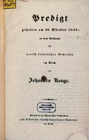 Predigt gehalten am 26 Octob. 1845 ... in Ulm