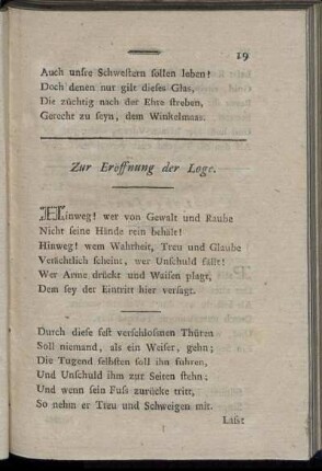 Zur Eröffnung der Loge.