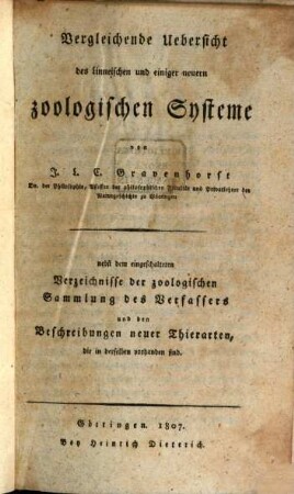 Vergleichende Übersicht des Linneischen und einiger neuern zoologischen Systeme