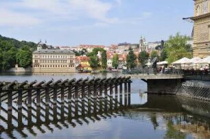 Altstadtansichten in Prag : Die historische Prager Altstadt ist ein beliebtes europäisches Touristenziel. Bild: Moldau-Wehr nahe der Karlsbrücke, Blick zur Kleinseite, aufgenommen 2008