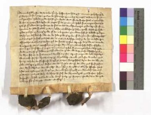 [Text = 1359 III 15]. Mit Eid besagt vor Wilhelm von Saulheim ("Sauwelnheim"), Kämmerer, Schultheiß Rudolf, der das Urteil gab, und Richter Johann. "Publicatum 1359 feria quarta post dominicam Quasimodogeniti."