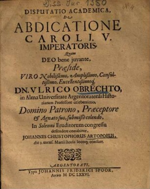 Disputatio Academica, De Abdicatione Caroli. V. Imperatoris.