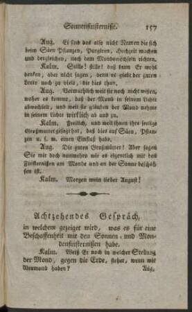 Achtzehendes Gespräch, in welchem gezeiget wird, was es für eine Beschaffenheit mit den Sonnen- und Mondenfinsternißen habe