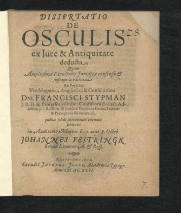 Dissertatio De Osculis ex Iure & Antiquitate deducta
