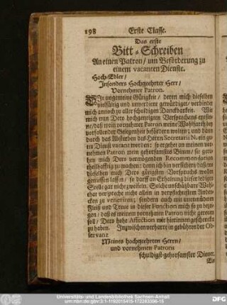 Das erste Bitt-Schreiben An einen Patron, um Beförderung zu einem vacanten Dienste.
