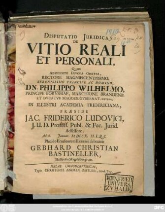 Disputatio Juridica De Vitio Reali Et Personali