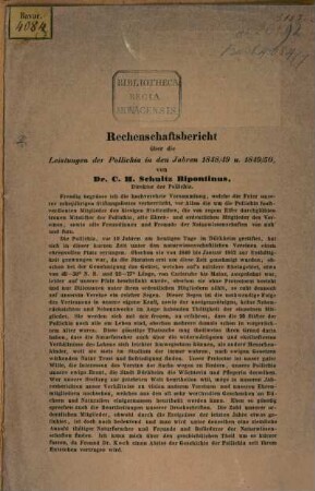 Rechenschaftsbericht über die Leistungen der Pollichia in den Jahren 1848/49 u. 1849/50