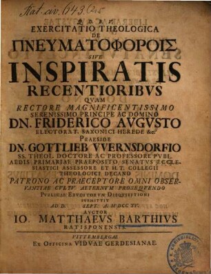 Exercitatio theologica de pneumatophorois sive inspiratis recentioribus