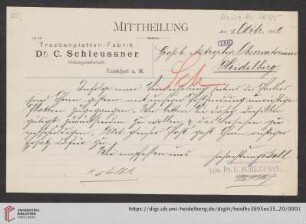 Brief von Dr. C. Schleussner AG (Frankfurt, Main) an Max Wolf