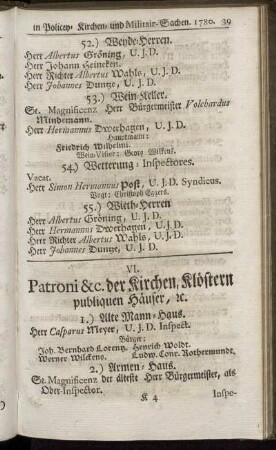 VI. Patroni &c. der Kirchen, Klöstern, publiquen Häuser, etc.
