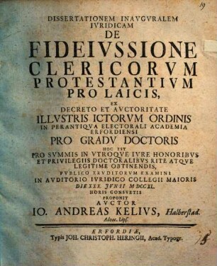 Dissertationem inauguralem iuridicam de fideiussione clericorum protestantium pro laicis