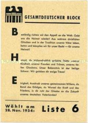 Werbekarte des Gesamtdeutschen Blocks zur Bayerischen Landtagswahl 1954 mit Motiv aus dem Sudetenland