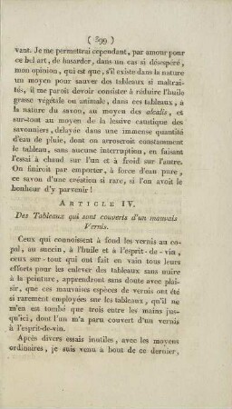 Article IV. Des Tableaux quo sont couverts d'un mauvais Vernis.