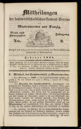 Neun und Zwanzigster Jahrgang. No. 2. Februar 1861.