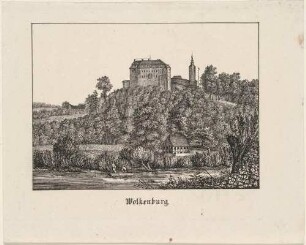 Das Schloss Wolkenburg (Limbach-Oberfrohna-Wolkenburg) südwestlich von Penig über der Zwickauer Mulde, Ansicht von Südosten