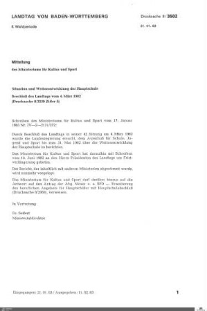 Mitteilung der Landesregierung zur Situation der Hauptschule