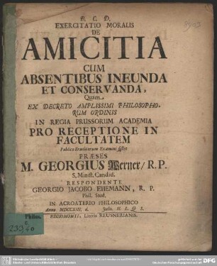 Exercitatio Moralis De Amicitia Cum Absentibus Ineunda Et Conservanda