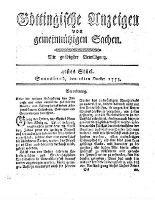 42stes Stück. Sonnabend, den 16ten October 1773.