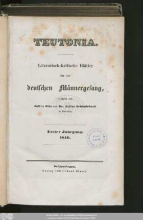 1.1846: Teutonia : literarisch-kritische Blätter für den deutschen Männergesang