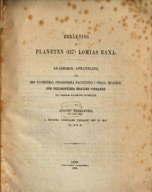 Beräkning af Planeten (117) Lomias Bana : Inaugural dissertation
