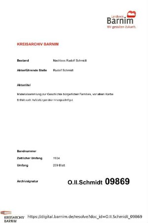 Materialsammlung zur Geschichte bürgerlicher Familien, vor allem Karbe
