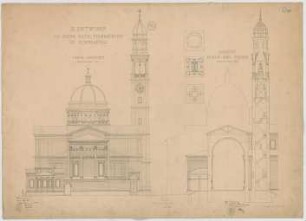Thiersch, August ; München - Schwabing; Kath. Pfarrkirche St. Ursula - Chor (Ansicht); Turm (Grundrisse, Schnitt)