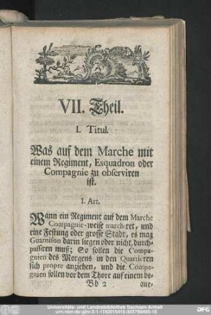 I. Titul. Was auf dem Marche mit einem Regiment, Esquadron oder Compagnie zu observiren ist.