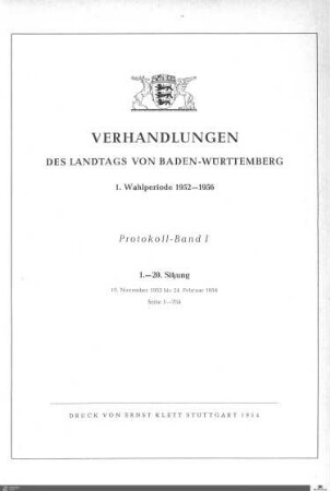 1: Landtag Baden-Württemberg, Protokolle, 1953-1954, Bd. 1