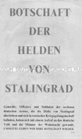 Abwurf-Flugschrift Alliierten mit dem Wortlaut der Botschaft deutscher Offiziere, die nach der Schlacht um Stalingrad in Gefangenschaft geraten sind