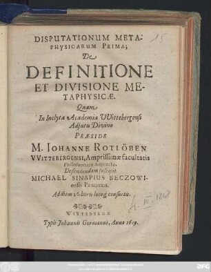 Disputationum Metaphysicarum Prima; De Definitione Et Divisione Metaphysicae