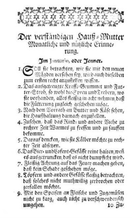 Der verständigen Hauß-Mutter monatliche und nützliche Erinnerung.