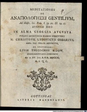 Meditationes De Anapologēsei Gentilivm Ad illustr. loc. Rom. I. 19. 20. II. 14. 15.