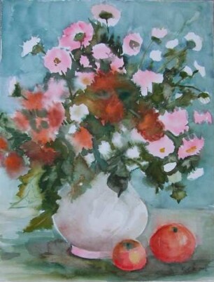 Blumenvase mit Äpfeln