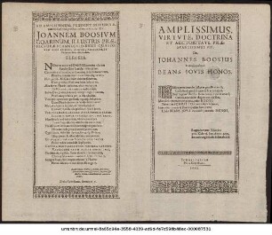 Amplissimus, Virtute, Doctrina Et Auctoritate Praestantissimus Vir, Dn. Johannes Boosius ... Beans Iovis Honos ... Barptolomaeus Bilovius prid. Calend. Jun. Annop 1612. honorias ergò scrib. Schmalcal.