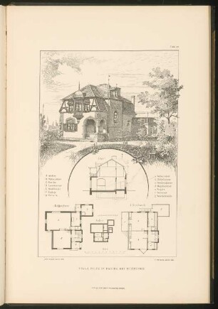 Villa Piltz, München: Grundrisse, Schnitt und perspektivische Ansicht (aus: Stadt- und Landhäuser, hrsg. von Ernst Wasmuth, Berlin 1894)