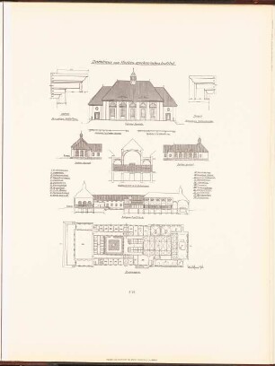 Rudolf Virchow-Krankenhaus, Berlin: Grundriss EG, Vorderansicht, Seitenansichten, Längsschnitt, Querschnitt, Details Badehaus und Medico-mechanisches Institut (aus: Neubauten der Stadt Berlin, Bd. VI, 1907)