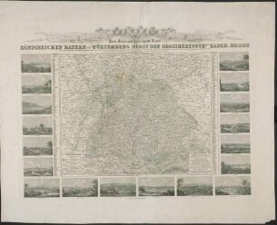 Post-, Reise- und Uebersichts-Karte von den Königreichen Bayern und Würtemberg Nebst Den Grossherzogthümern Baden Und Hessen : mit den angränzenden Ländern u. Ländertheilen ausgedehnt bis Nancy, Aachen, Cassel, Leipzig, Prag, Linz, Gastein, Brenner und Bern ... und malerischen Ansichten merkwürdiger Staedte ...