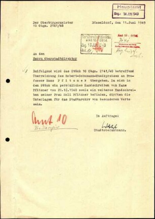 5-10-16-4.0000: Pfitzner, Professor Hans, Generalmusikdirektor, Komponist; diverse Schreiben ff.: Übergabe der Handschriften über den Oberstadtdirektor an das Stadtarchiv