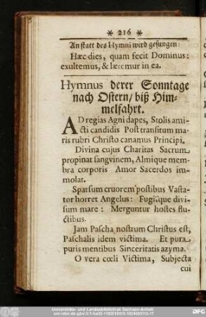 Hymnus derer Sonntage nach Ostern, biß Himmelfahrt.