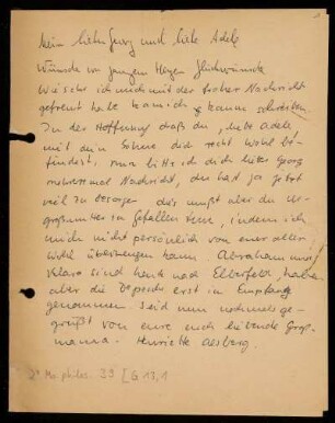 Brief von Henriette Alsberg an Georg Rosenzweig und Adele Rosenzweig