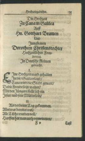 Die Hochzeit zu Cana in Galilea Auff Hn. Gotthart Bramen Und Jungfrauen Dorotheen Christenstochter ...