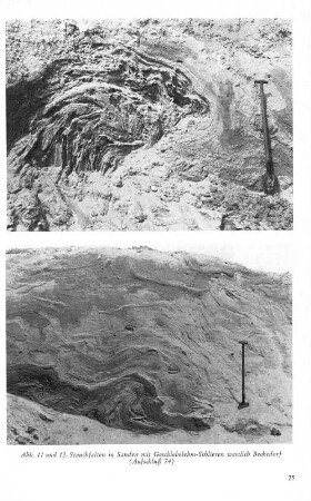Abb. 11 und 12. Stauchfalten in Sanden mit Geschiebelehm-Schlieren westlich Beckedorf (Aufschluß 74)