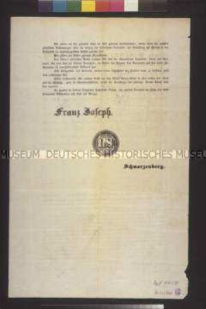 Proklamation: Kaiser Franz Joseph I. gibt seine Thronbesteigung bekannt; Olmütz, 2. Dezember 1848